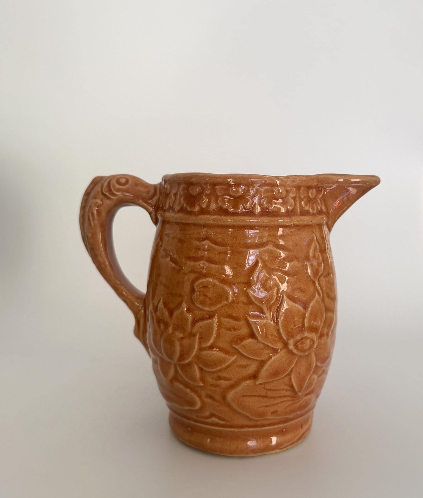 Vintage Brush McCoy Pottery Water Lily Pitcher No. 60, Orange Glazed Floral Relief Ceramic Jug, Art Pottery Vase