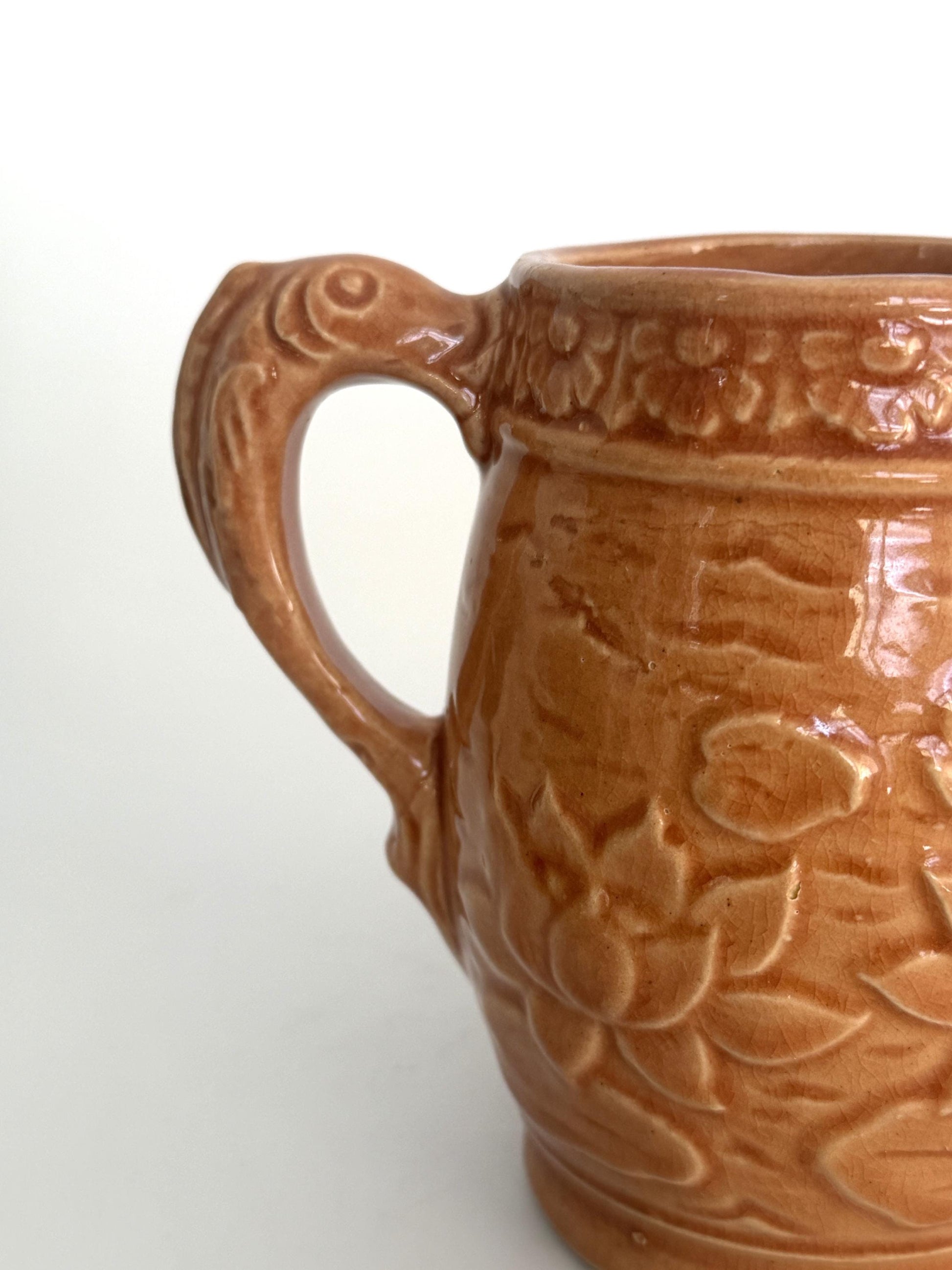 Vintage Brush McCoy Pottery Water Lily Pitcher No. 60, Orange Glazed Floral Relief Ceramic Jug, Art Pottery Vase