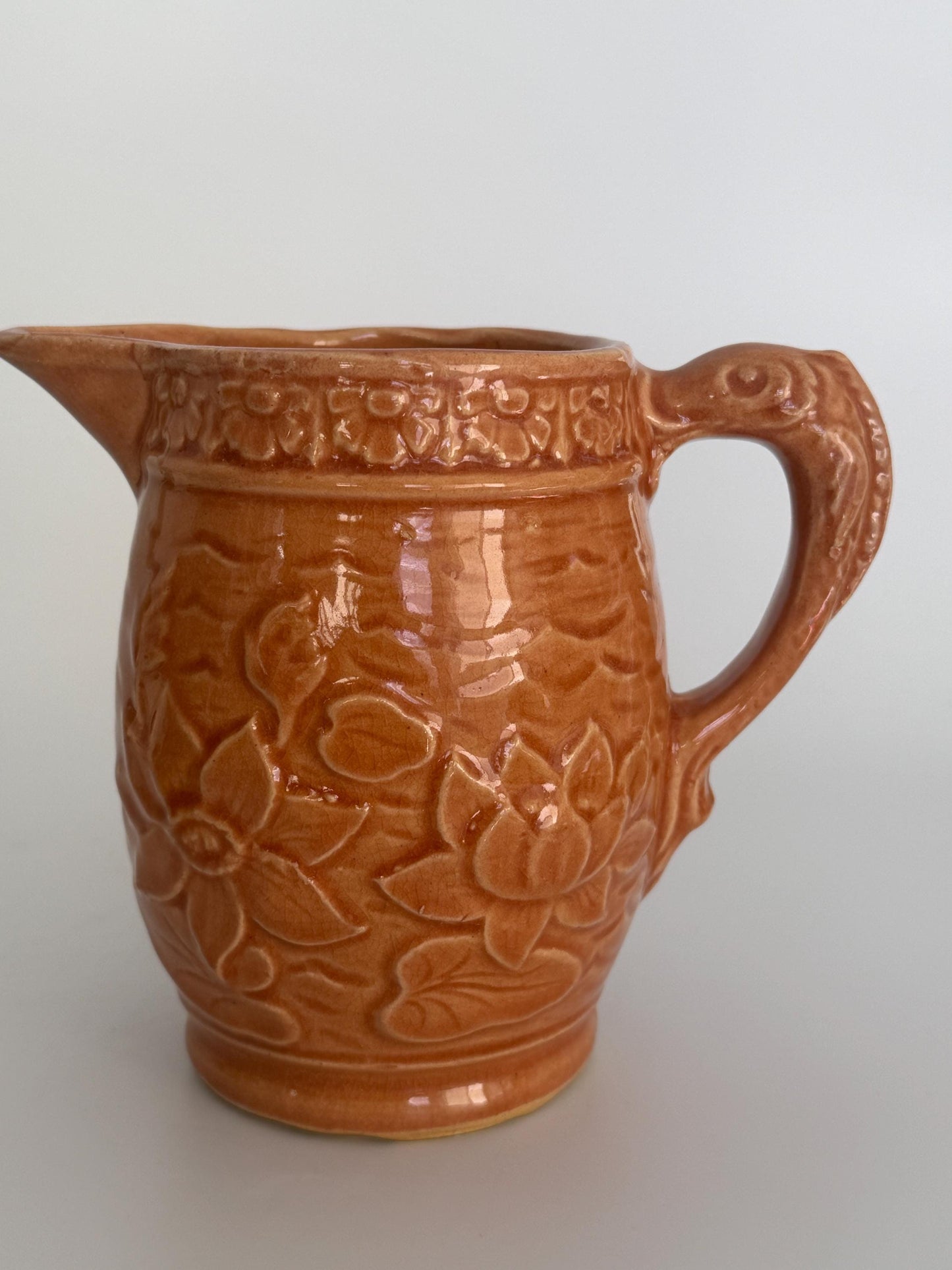 Vintage Brush McCoy Pottery Water Lily Pitcher No. 60, Orange Glazed Floral Relief Ceramic Jug, Art Pottery Vase