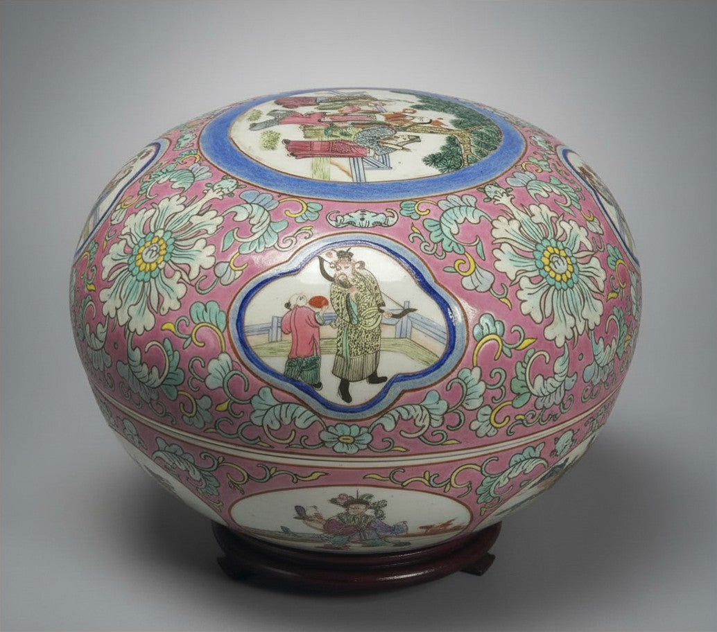 Chinese Famille Rose Porcelain Ginger Jar | Pink Floral Scholar Motif Decorative Vase