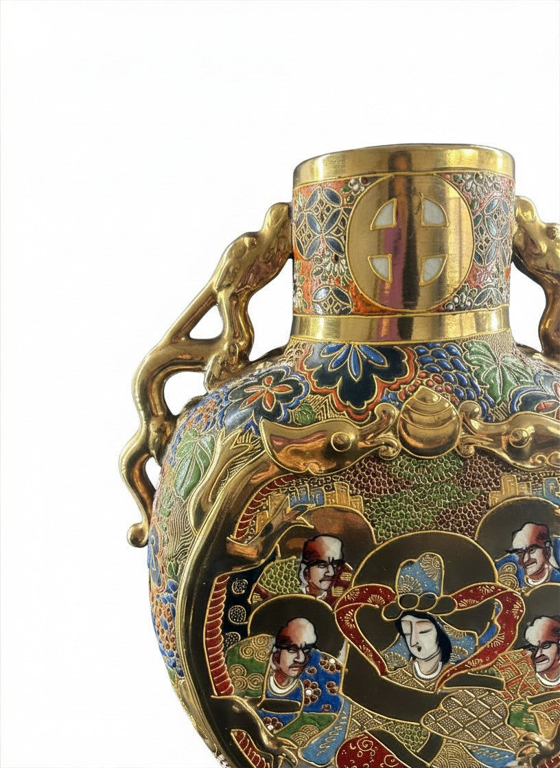 Japanese Satsuma Moriage Double Handle Vase | Meiji Style Gold Gilt Enamel Vase. Height 25.3 cm (9.96″)