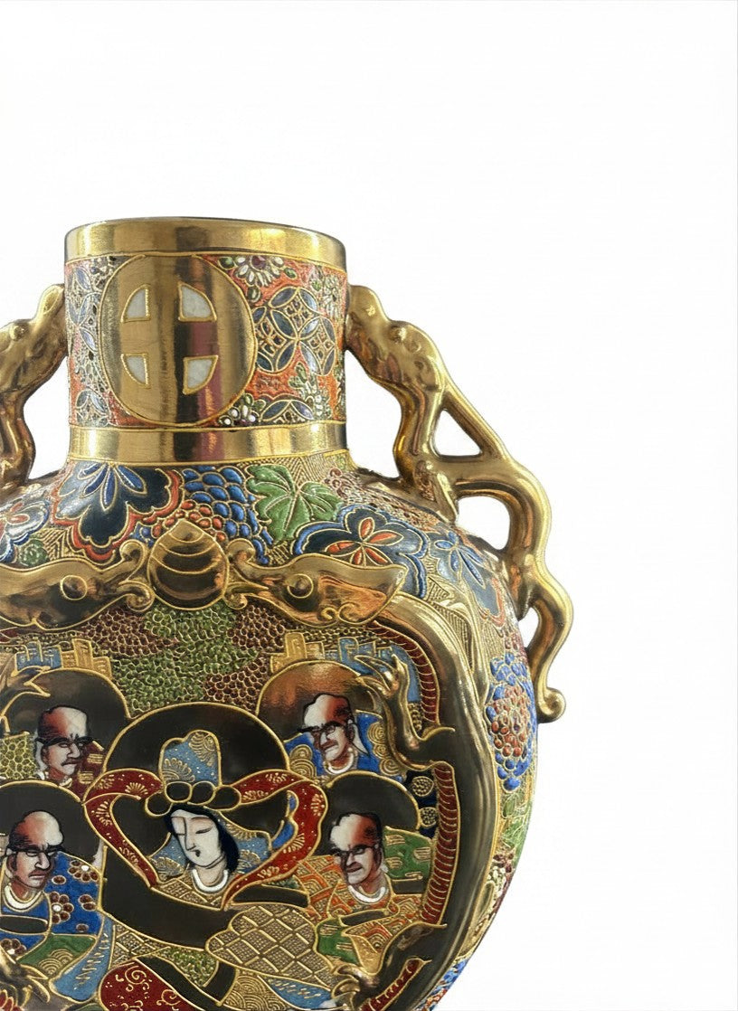 Japanese Satsuma Moriage Double Handle Vase | Meiji Style Gold Gilt Enamel Vase. Height 25.3 cm (9.96″)