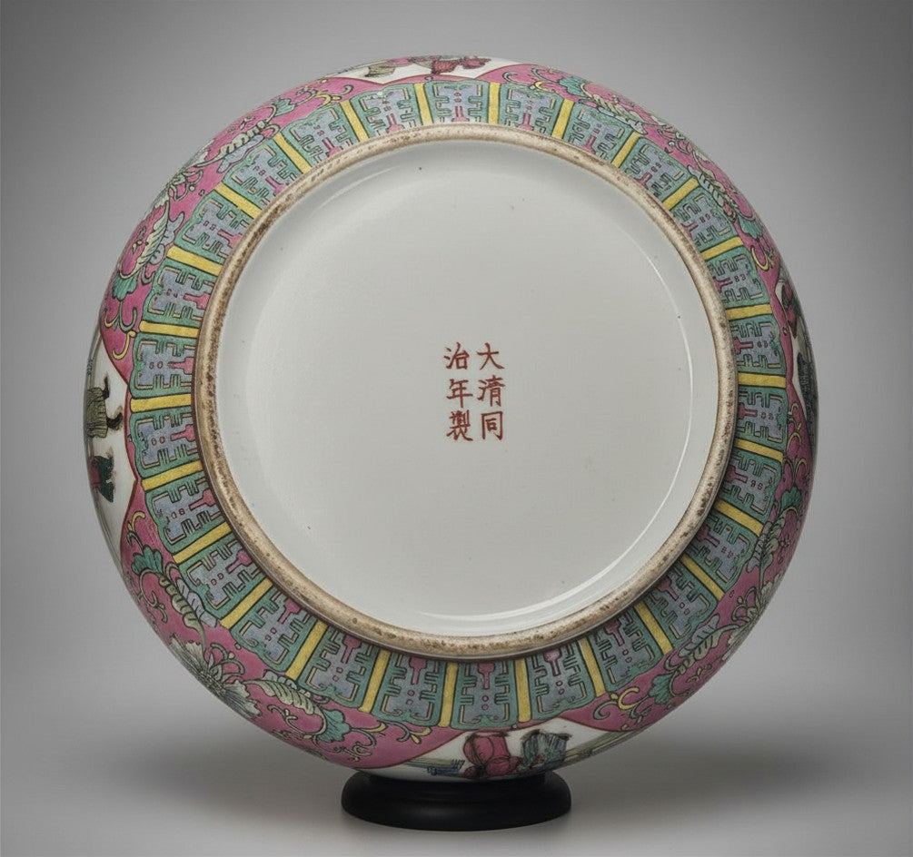 Chinese Famille Rose Porcelain Ginger Jar | Pink Floral Scholar Motif Decorative Vase