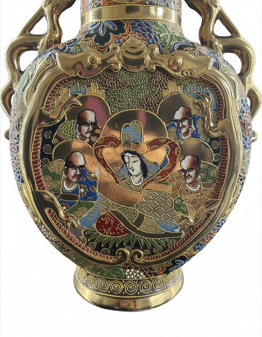 Japanese Satsuma Moriage Double Handle Vase | Meiji Style Gold Gilt Enamel Vase. Height 25.3 cm (9.96″)